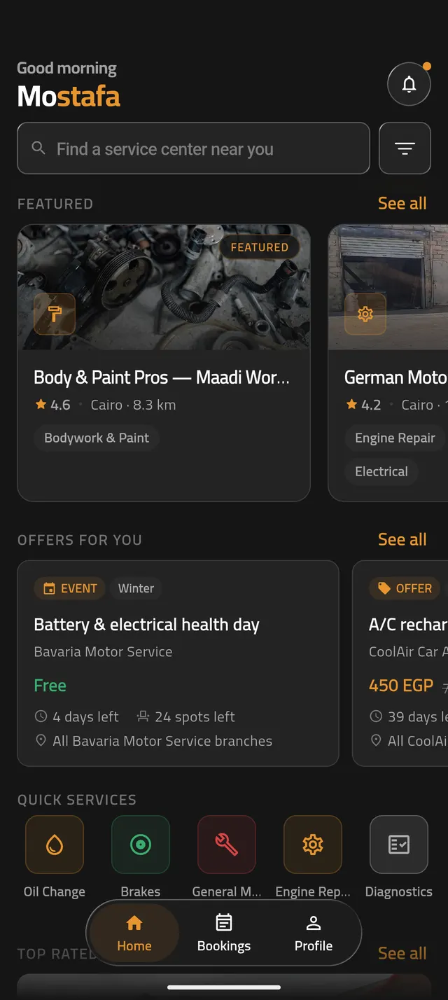 Wrenzo app home screen listing nearby service centers